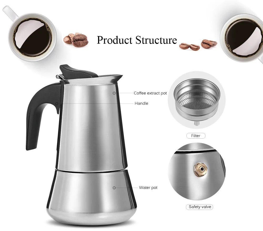 Stainless Steel Moka Coffee Pot Stovetop Espresso Maker