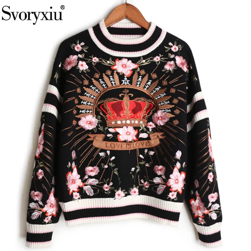 Svoryxiu Мода Подиум осень зима вязаный свитер женские роскошные цветочные Корона ВЫШИВКА ВИНТАЖНЫЕ черные свободные пуловеры