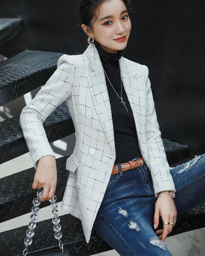 Женский клетчатый Блейзер, белый, черный, повседневная одежда, пальто 2019, модная куртка с длинным рукавом для девочки, большой размер 5XL