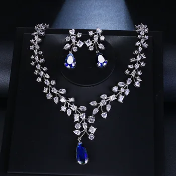 

Elegant White Gold Color Leaves Water Drop Women Party Wedding Necklace and Earrings Royal Blue CZ Stones Jewelry Sets Gifts