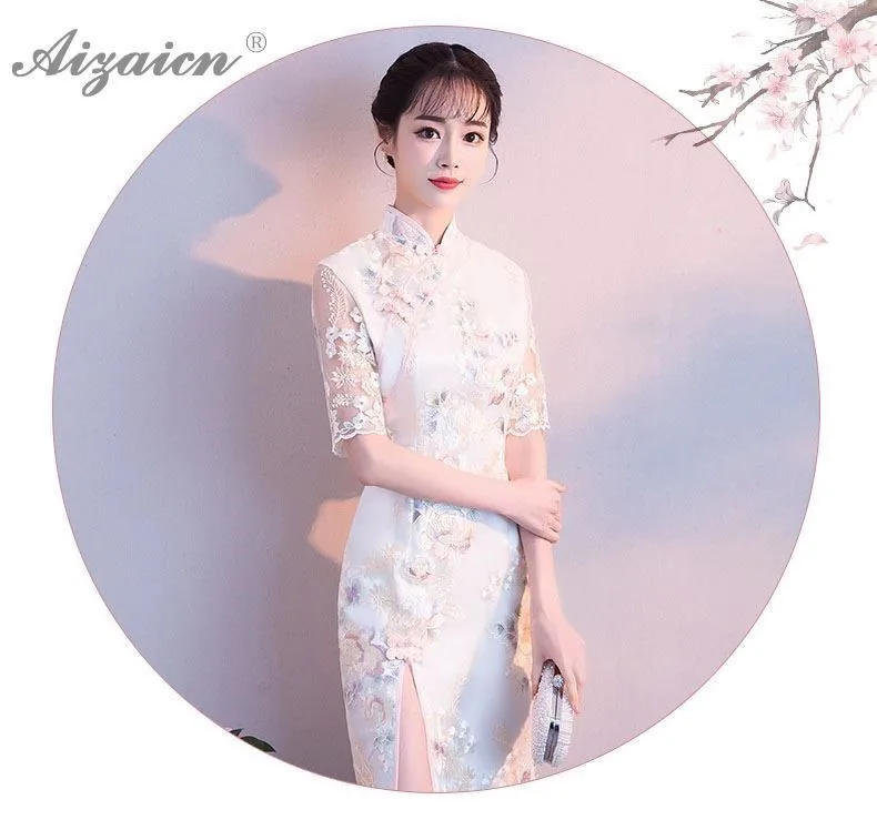 Primavera flor bordado Cheongsam corto Slim Qi Pao las mujeres vestido chino 2019, китайский, Восточный, винтажный стиль, vestido Qipao