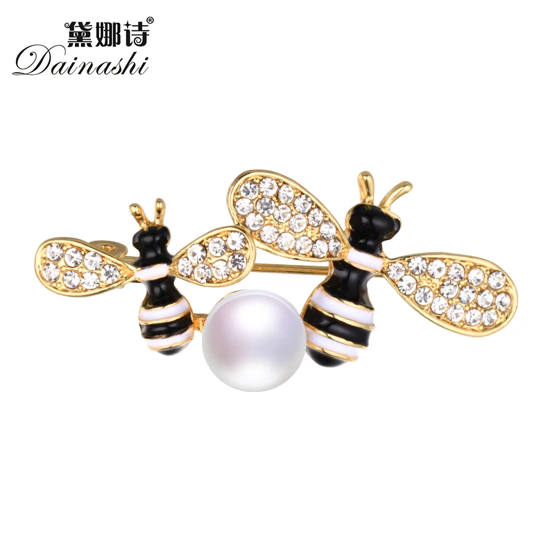 

Autumn New Dainashi Double Bee Pearl Brooch Pins, Genuine Pearl With Rhinestone Animal Brooch Women Brooches Fine Jewelry Gifts