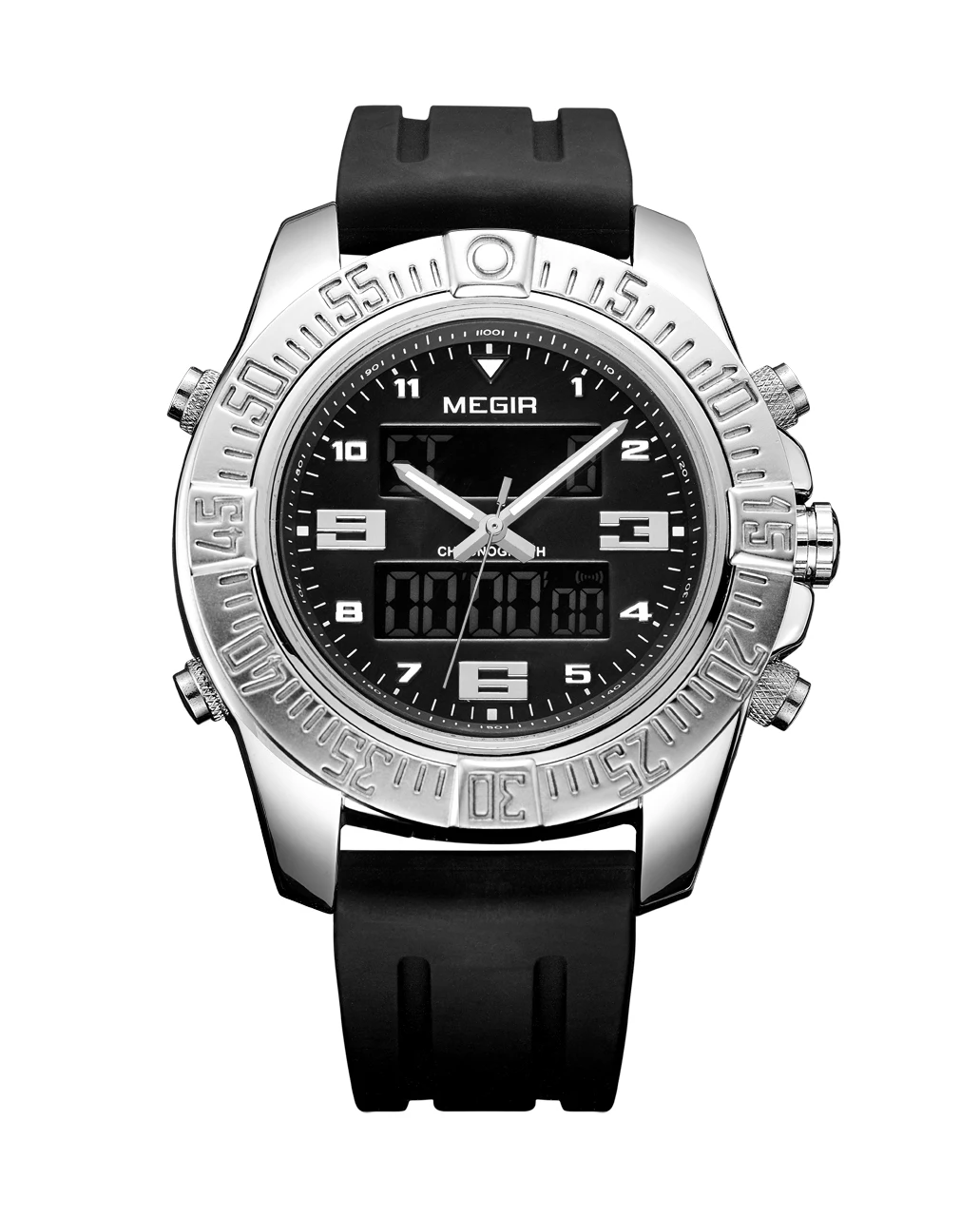 Megir Лидирующий бренд мужские 12/24-часовой хронограф черные силиконовые спортивные цифровые кварцевые часы с подсветкой и будильником армейские наручные часы