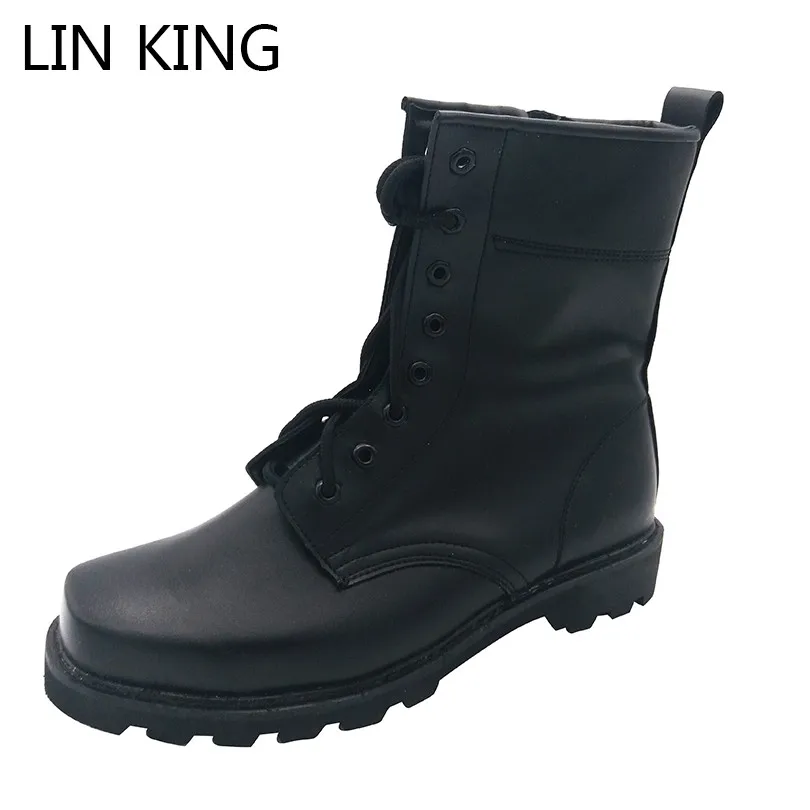 

LIN KING Men Motorcycle Boots Black Spring Autumn Short Botas Lace-up High Top Military Boot Steel Round Toe Army Combat Shoes