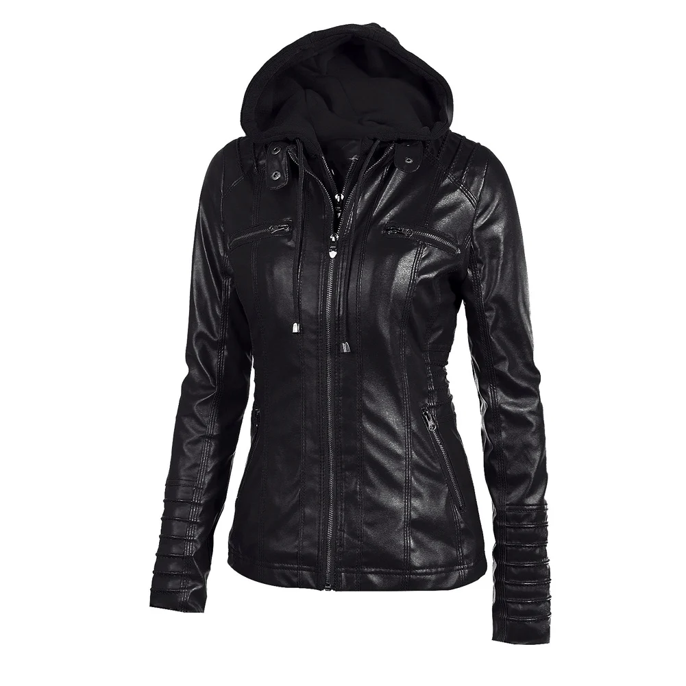 S-7XL размера плюс женская куртка из искусственной кожи осень зима с капюшоном на молнии Поддельные 2 части тонкий короткий мотоциклетный жакет пальто