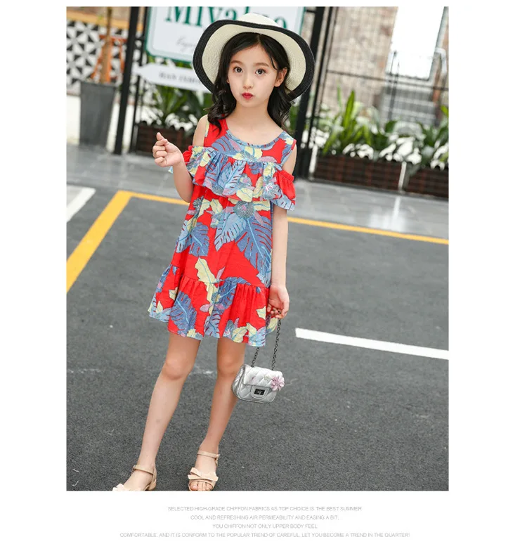 Платье для девочек летнее платье 2019 Детская летняя принцесса мода с открытыми плечами листья 3 4 5 6 7 8 От 9 до 13 лет