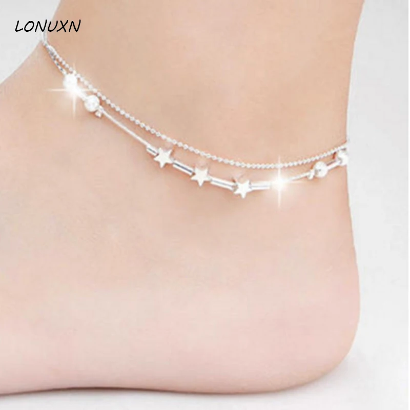 

21+3cm Original 100% 925 Sterling Silver Anklet 2017 Hot 1 PC Hot Girls Handmade Women simple stars fashion Beach Foot Jewelry