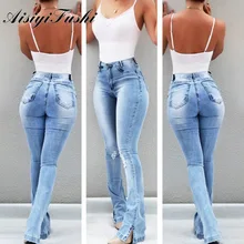 Высокая талия колокол джинсы с кроем для женщин расклешенные брюки рваные джинсы женские рваные вырезы обтягивающие длинные джинсы брюки