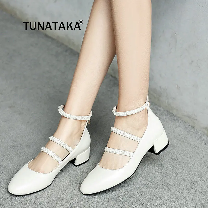 

New Women Genuine Leather Comfortable Low Heel With Back Zipper Pumps Fashion Crystal Dress Round Toe Shoes Beige Black