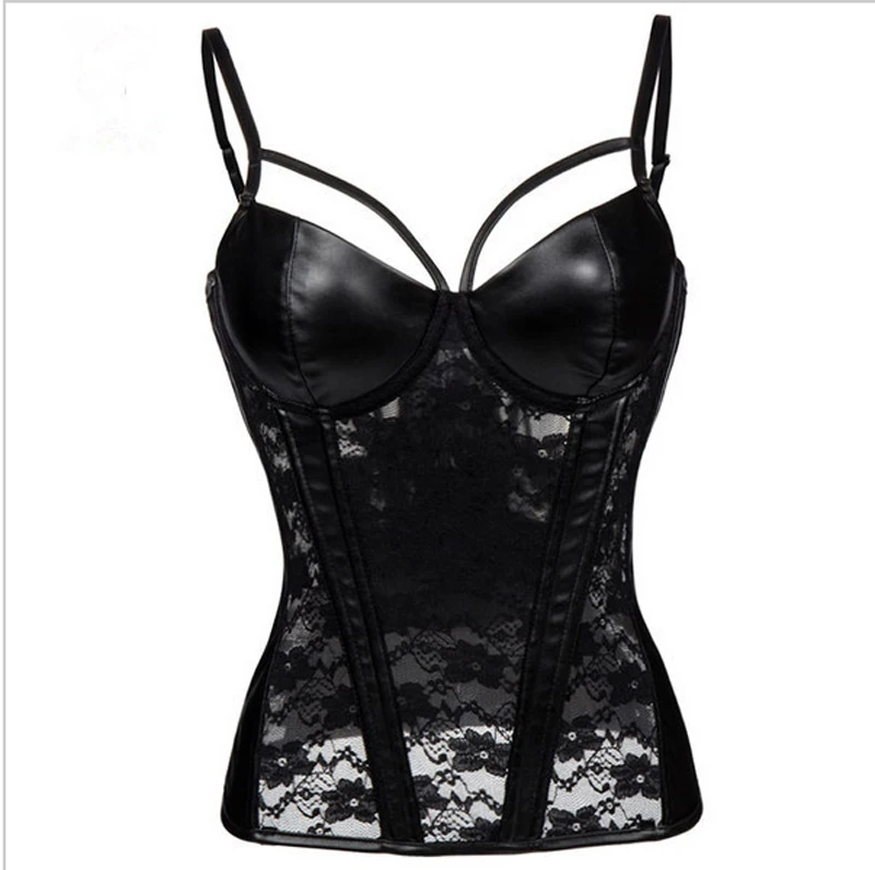 Women Black Faux Leather Corset Transparent Lace Patchwork Bustier Sexy