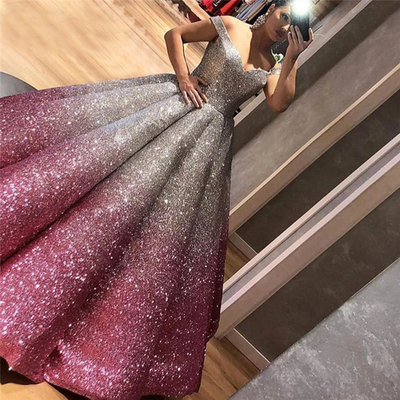 

Long Ball Gown Puffy Custom Made Pink and Silver Glitters Dubai Arabic Women Evening Dress 2019 Robe De Soiree Longue 2018