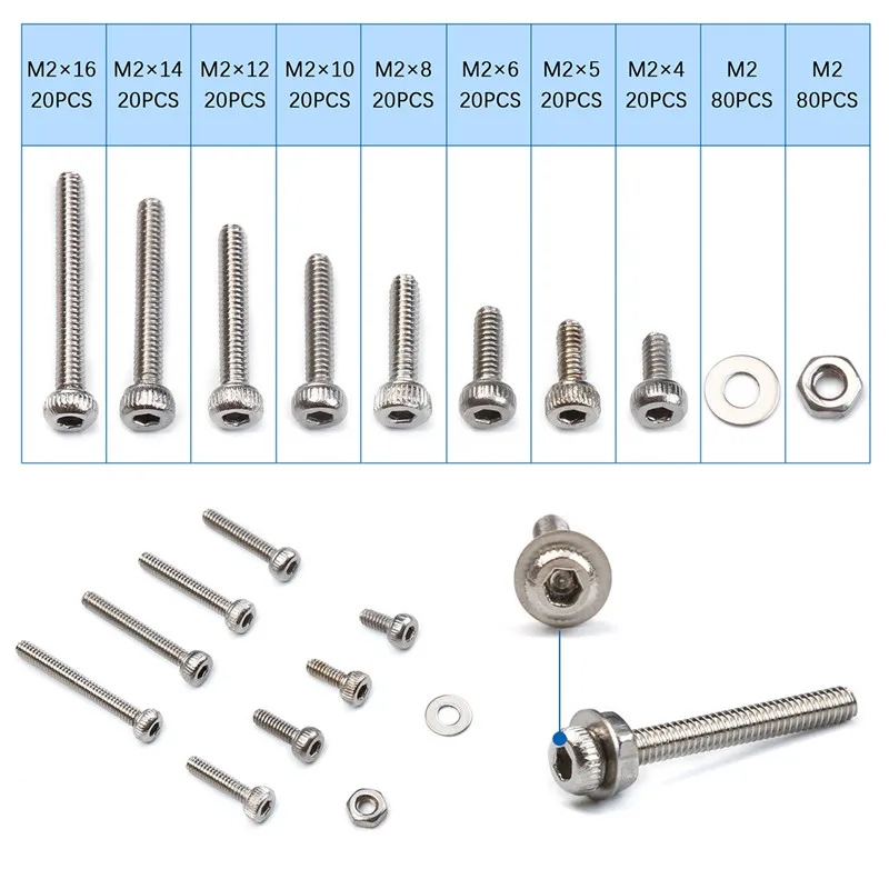 320 шт./компл. M2 с шестигранной головкой Кепки винты 304 Нержавеющая сталь велосипеда болты с шестигранной головкой, соответствующие стандартам Американского общества по плоский комплект шайб в ассортименте с Пластик коробка