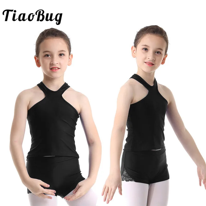 

TiaoBug Kids Teens Sports Ballet Gymnastics Lace Side Shorts with Racerback Tank Top Set Children Two-piece Practice Dance Wear