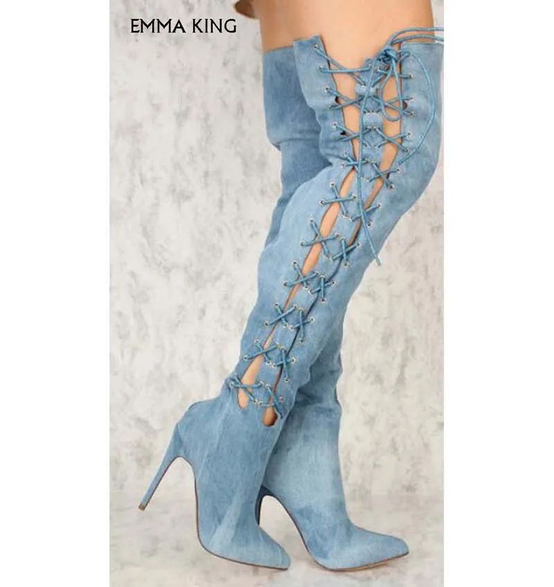 

New Coss straps Sexy hollow out suede boots women street shooting Nightclub high-heeled catwalk Stiletto Pointed toe Botas Mujer