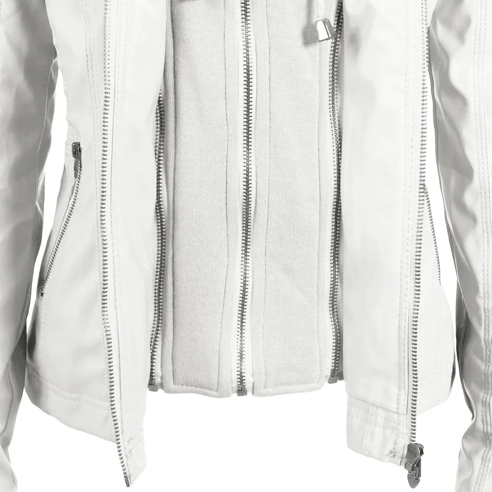 S-7XL размера плюс женская куртка из искусственной кожи осень зима с капюшоном на молнии Поддельные 2 части тонкий короткий мотоциклетный жакет пальто