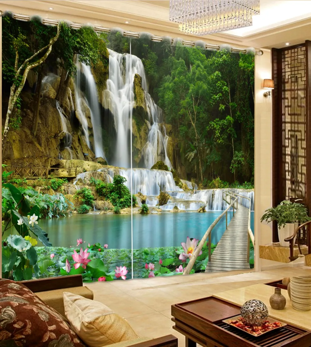 

Waterfall landscape wooden bridge Blackout 3D Window Curtains For Living Room Bedroom Drapes cortinas Rideaux Customized size