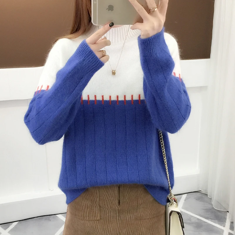 Fashion 2018 Autumn Winter Women Cashmere Sweaters And Pullovers Patchwork Thick Knitting Sweater Female Loose Sweater Jumpers Sweaters