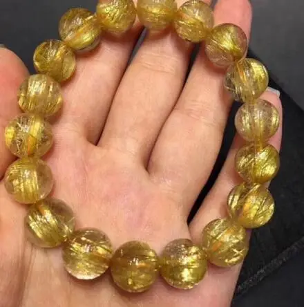 free shipping 11mm Natural Gold Rutilated Quartz Titanium Stretch Crystal Beads Bracelet | Украшения и аксессуары