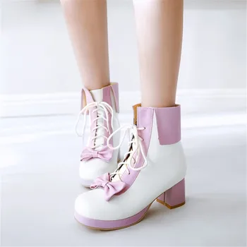 

Two Tone Patchwork Color Lace-Up Bowtie Sweet Lolita School Girl Ankle Boots