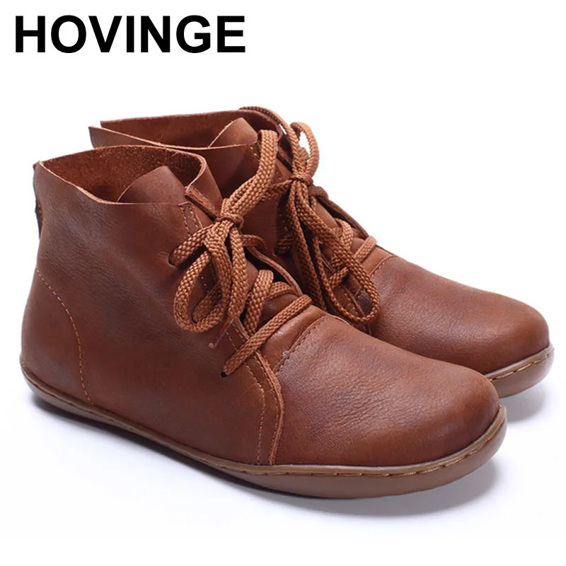 

HOVINGE (35-42)Women Ankle Boots Hand-made Genuine Leather Woman Boots Spring Autumn Square Toe lace up Shoes Female Footwear (5