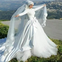 Luxury High-Neck Hijab Wedding Dresses Bow Full Long Sleeves Arab Bride Dress Lace Appliqued Islamic Brautkleider 2017 Custom