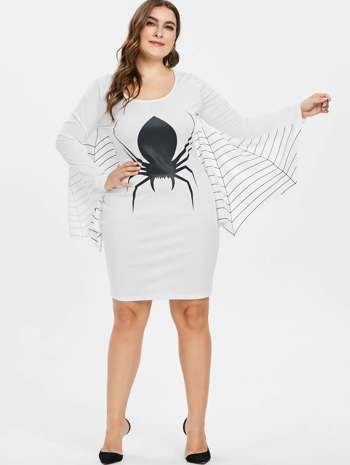 

Wipalo Halloween Plus Size Spider Pattern Dolman Sleeve Shift Dress Batwing Sleeve Round Neck Striped Loose Fitting Dress 5XL