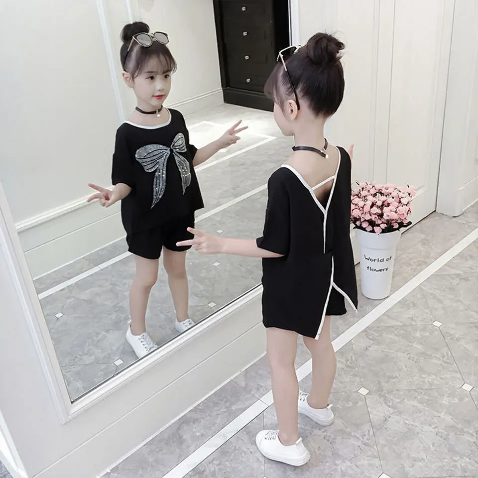

Baby Girl Clothing Sets 4 6 8 10 12 Year Big Bow Print Girl Outfit Short Sleeve Summer Children Clothes Suit Cotton Kid Suit