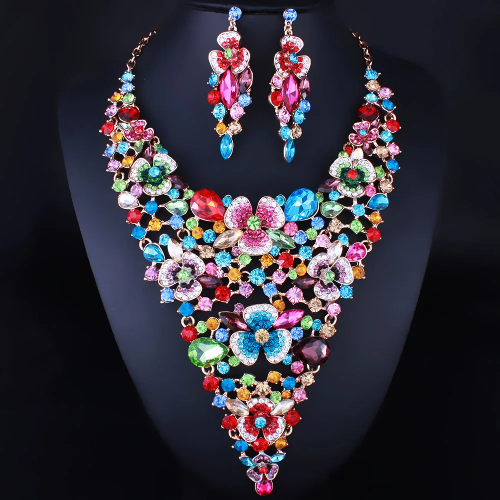 

Luxury Bridal Jewelry Sets Multicolor Crystal Flower Statement Necklace and Earrings for Brides Wedding Party Accessories Women