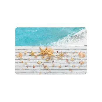 

Beach Theme Anti-slip Door Mat Home Decor, Starfish Seashell against Blue Sea Indoor Outdoor Entrance Doormat