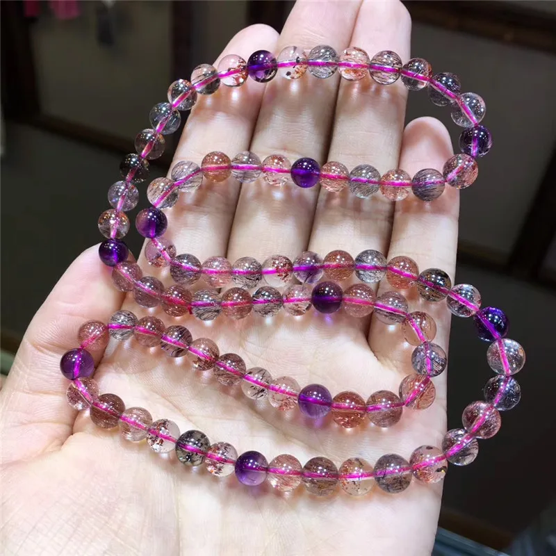 

6.3mm Natural Super Seven Melody Stone Rutilated Quartz Bracelet Women Anniversary Love Gift Crystal Round Beads Charms Jewelry