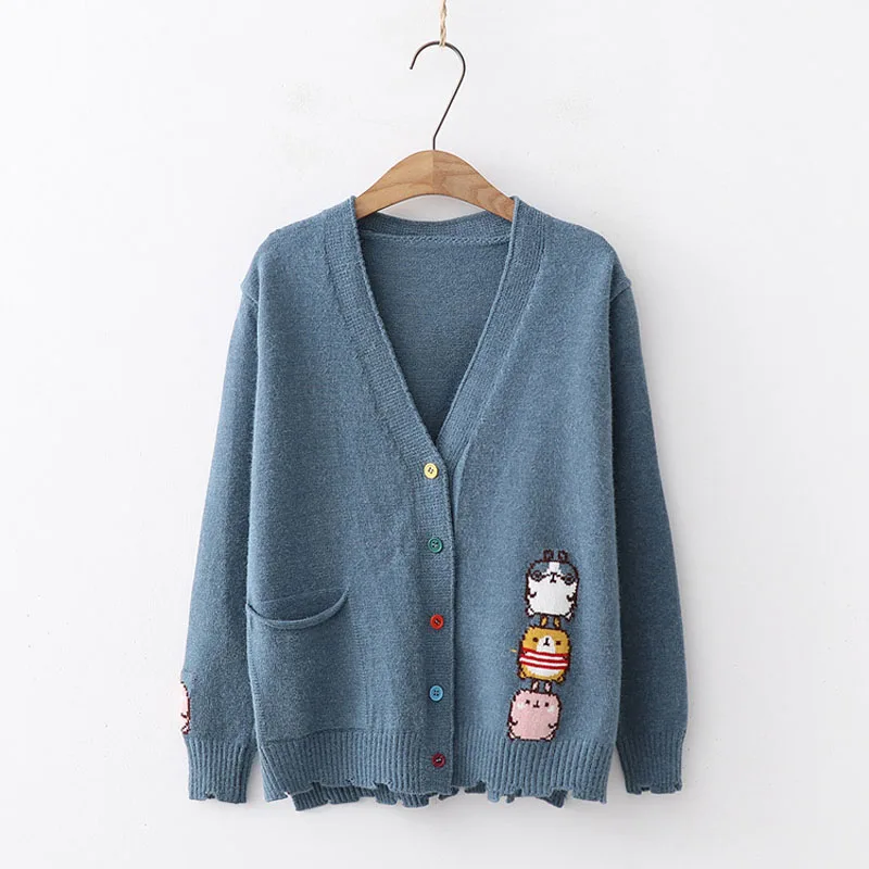 

Kawaii Cardigan Knitted Sweater Women Mori Girls Sweet Cartoon Jacquard Button Pocket V Neck Autumn Winter Coat Sueter Mujer New
