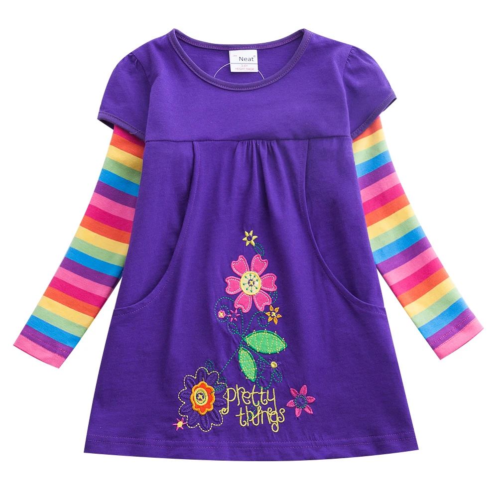 

Girl Dresses Long sleeve Baby Girls Dress Embroidered Rainbow Children Long Sleeve Clothes Girls Patchwork Infant Vestidos H5802