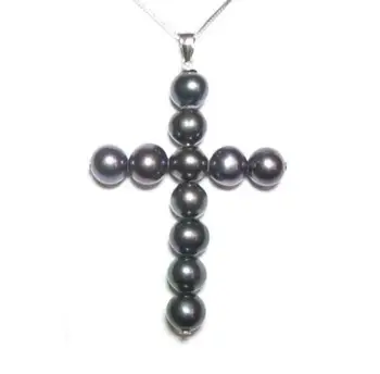 

7-8MM BLACK TAHITIAN PEARL CROSS PENDANT NECKLACE WHITE GOLD