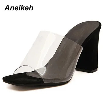 

Aneikeh 2019 PVC Summer Sandals Shallow Rome Square Heel Ladies Thick Sandals Fashion Open Toe Flip Flops Slip-On Woman Shoes