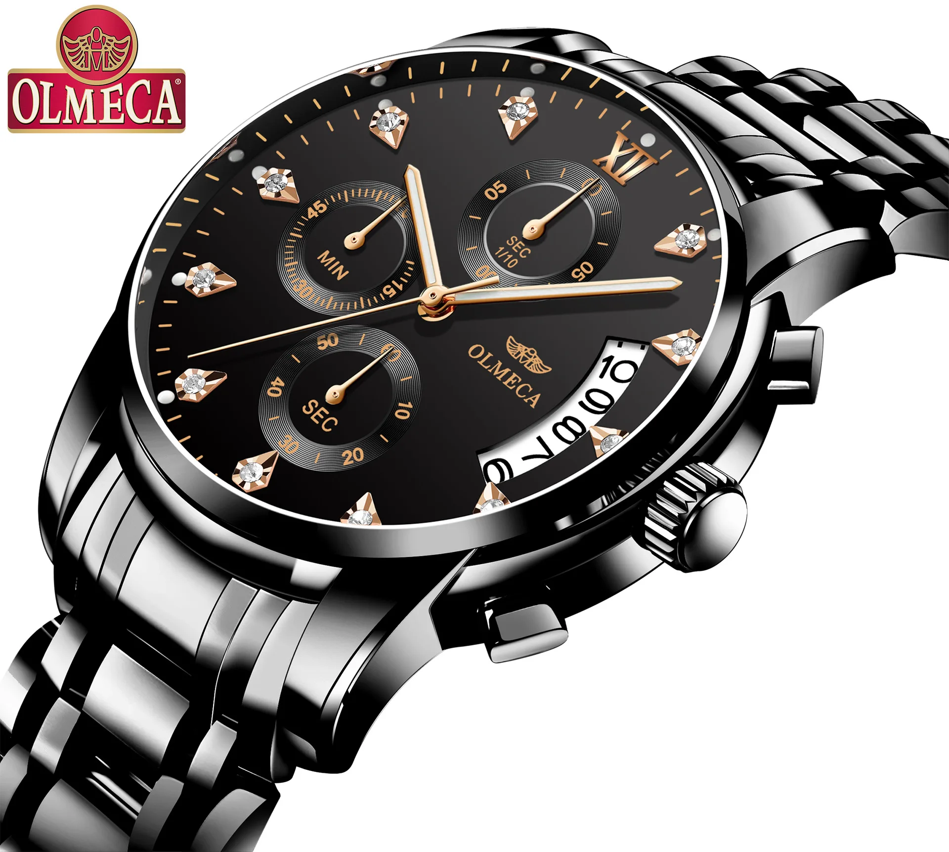 

OLMECA multi-function six-needle steel belt men's watch business with diamond waterproof non-mechanical watch