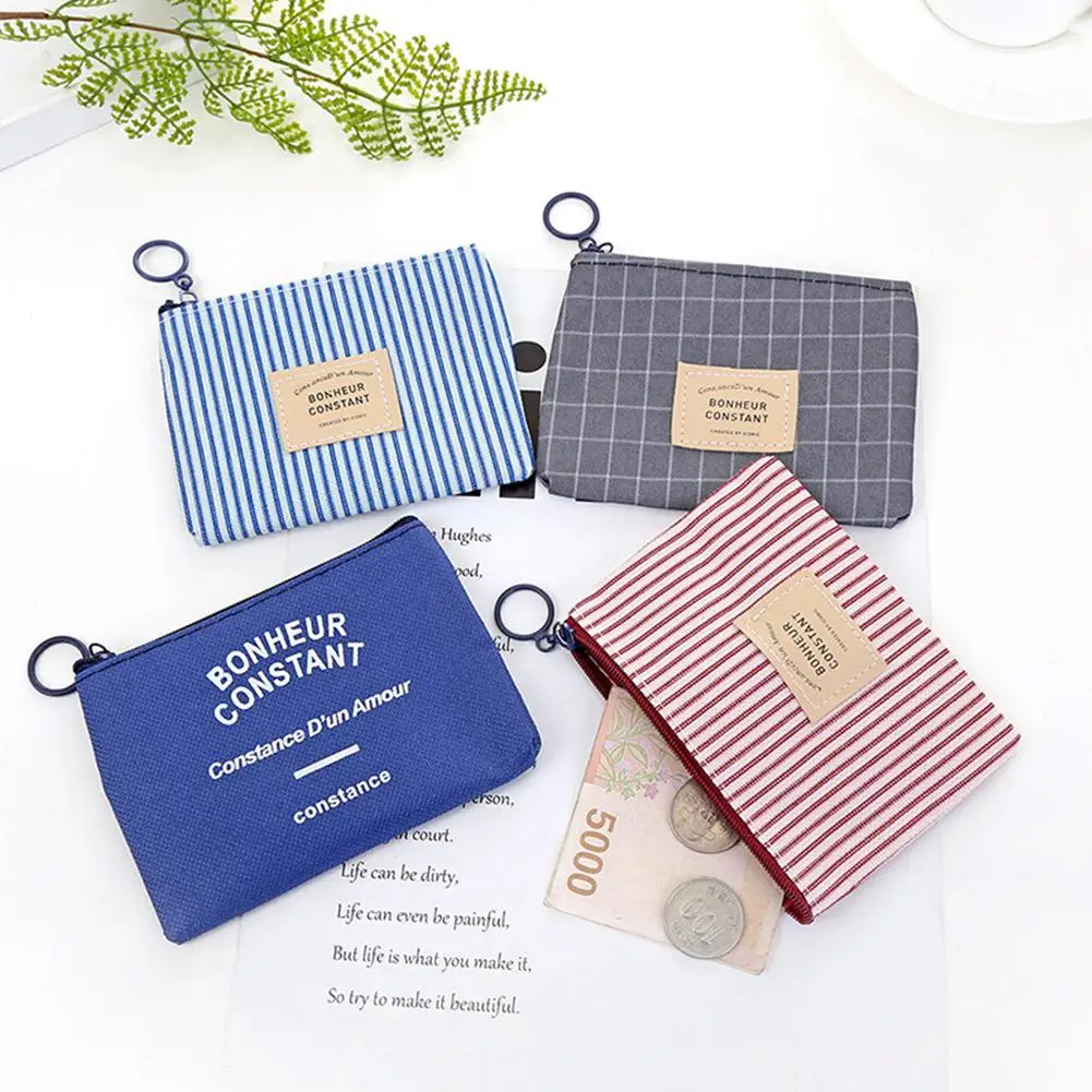 

banabanma Women Cartoon Plaid Stripe Canvas Purse Card Key Mini Zipper Wallet