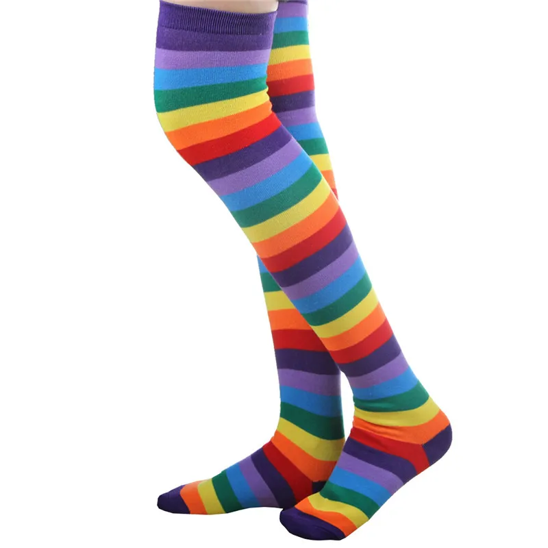1 Pair Colorful Rainbow Knee High Socks Womens Girls Over Knee Leg Warmer Soft Knit Sock In