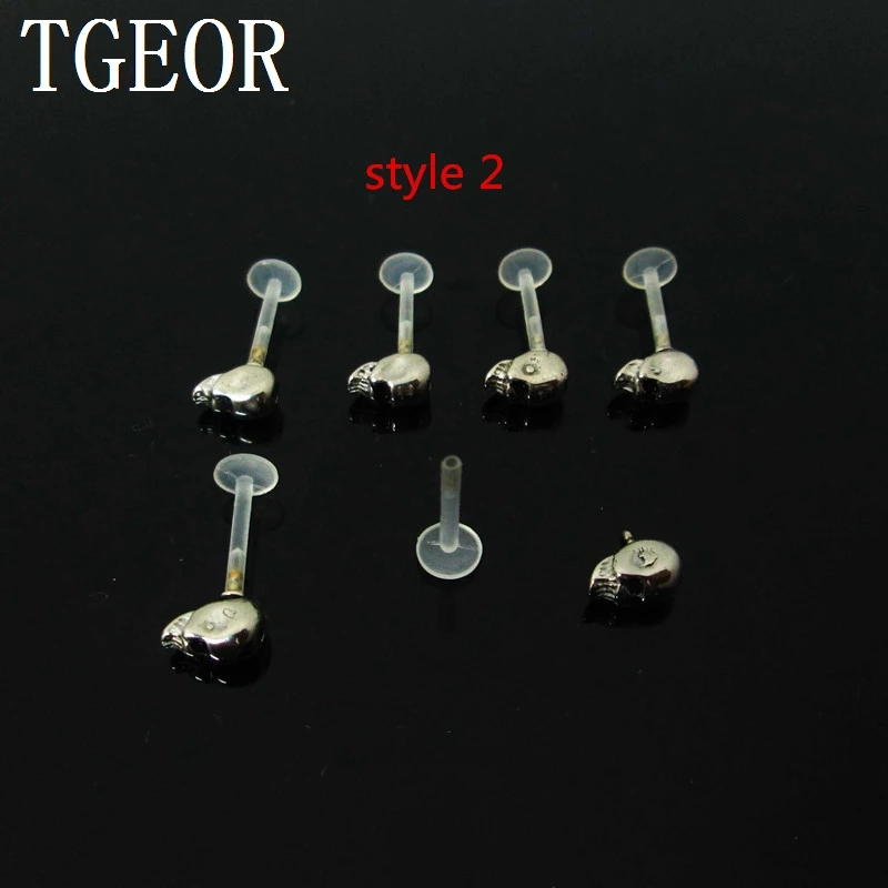 

High quality 16G flexible Transparent labret monroe piercing 1 pair PTFE skull snap in piercing labret ring free shipping