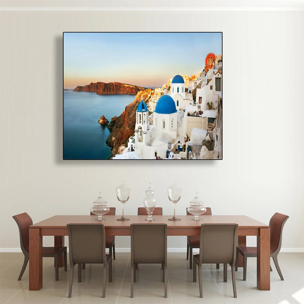 

Seaside House Mountain City Blue Sky Modern Abstract Canvas Decorative Oil Printings For Home Office Living Room Decor No Frame