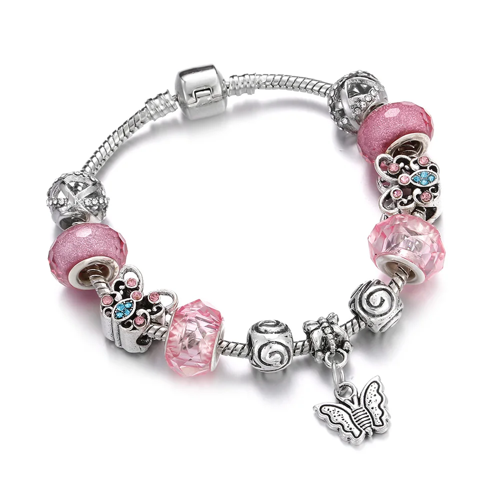

Charms Bracelets & Bangles for Women Pink Glass Beads Butterfly Pendant Bead Bracelet Jewelry Girs's Friendship Gifts Wholesale