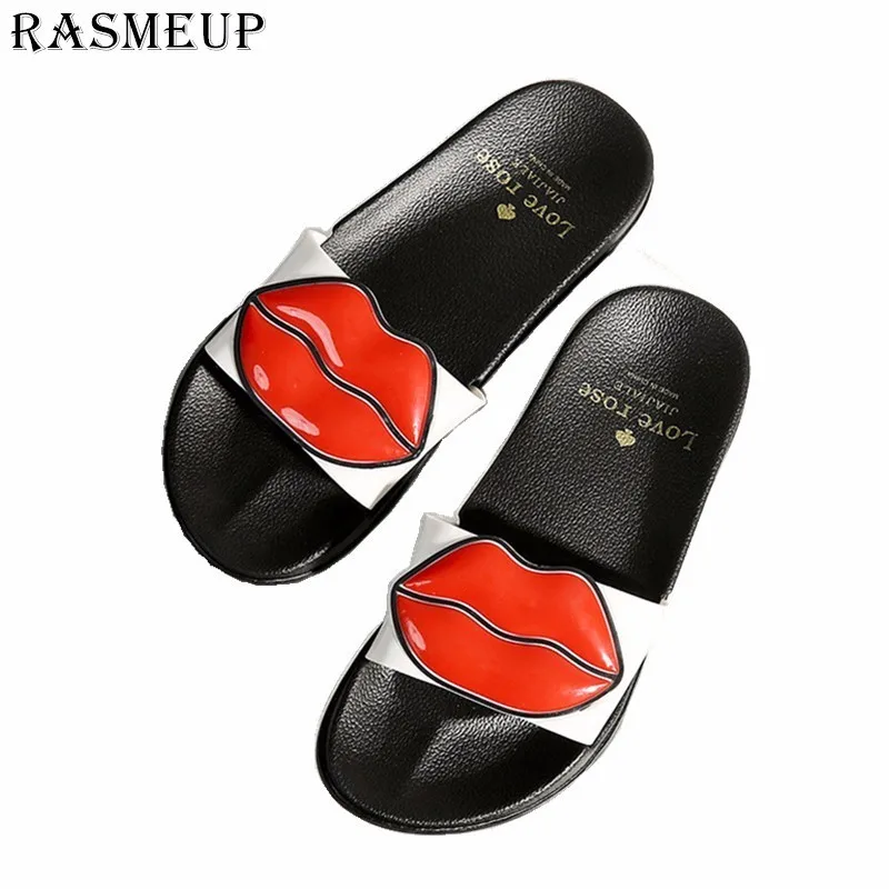 Kopen RASMEUP vrouwen Slippers 2018 Zomer Mode Lippen Platform Vrouwen Strand Slides Zachte Dikke Zolen Vrouw Slippers Dames Schoenen