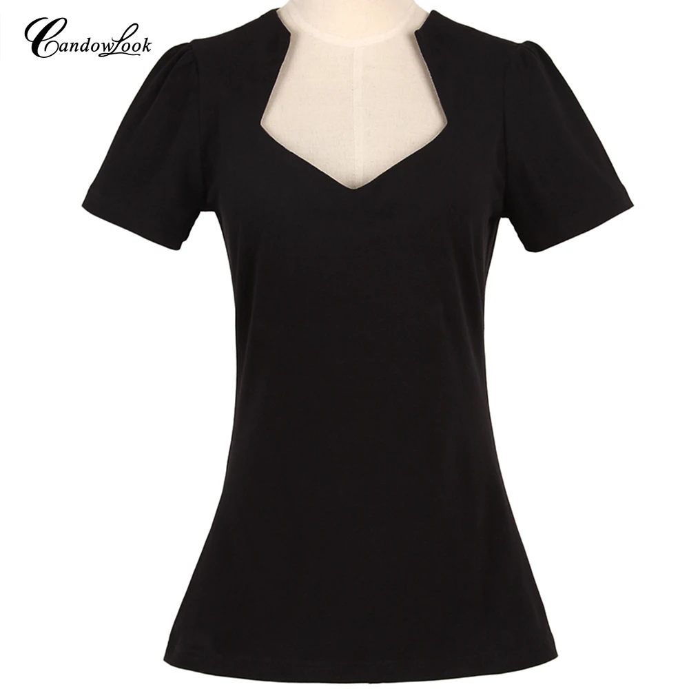 Candowlook пикантные Женские v neck Обычная футболка рокабилли вязаный черный красный