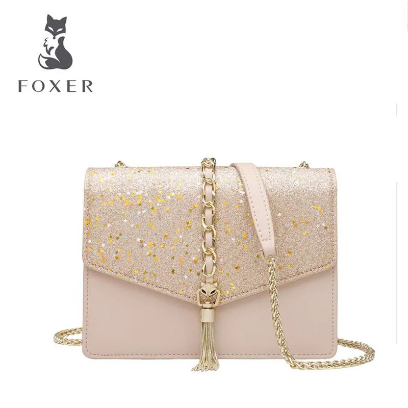 

FOXER high quality chain bag female 2019 new wave fashion starry tassel single shoulder versatile slung small square bag summer