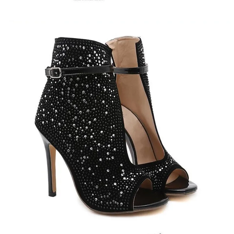

Luxury Full Crystal Women Gladiator Sandals Peep Toe Hollow Sexy Thin High Heels Summer Designer Shoes Woman Black Roman Sandals