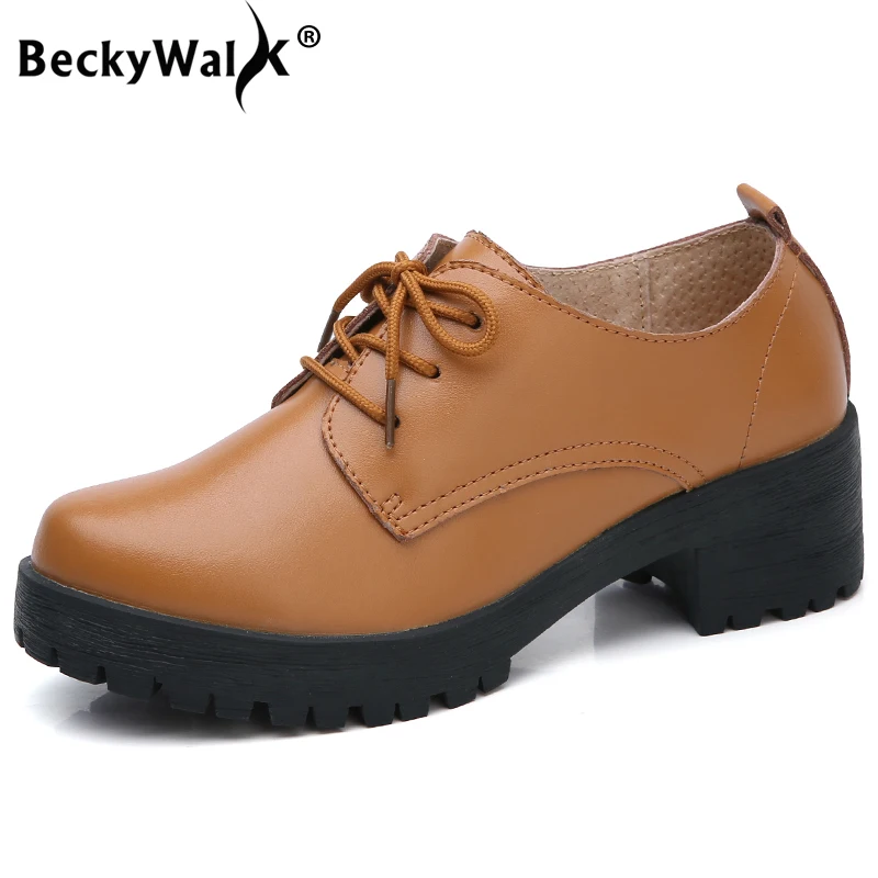 

BeckyWalk Spring Autumn Women Shoes Genuine Leather Lace Up Middle Heels Causal Shoes Woman Round Toe Platform Pumps WSH2862