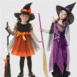 Комплект из 2 предметов, костюм на Хэллоуин для девочек, платье на Хэллоуин + шляпа, вечерние платья с круглым вырезом