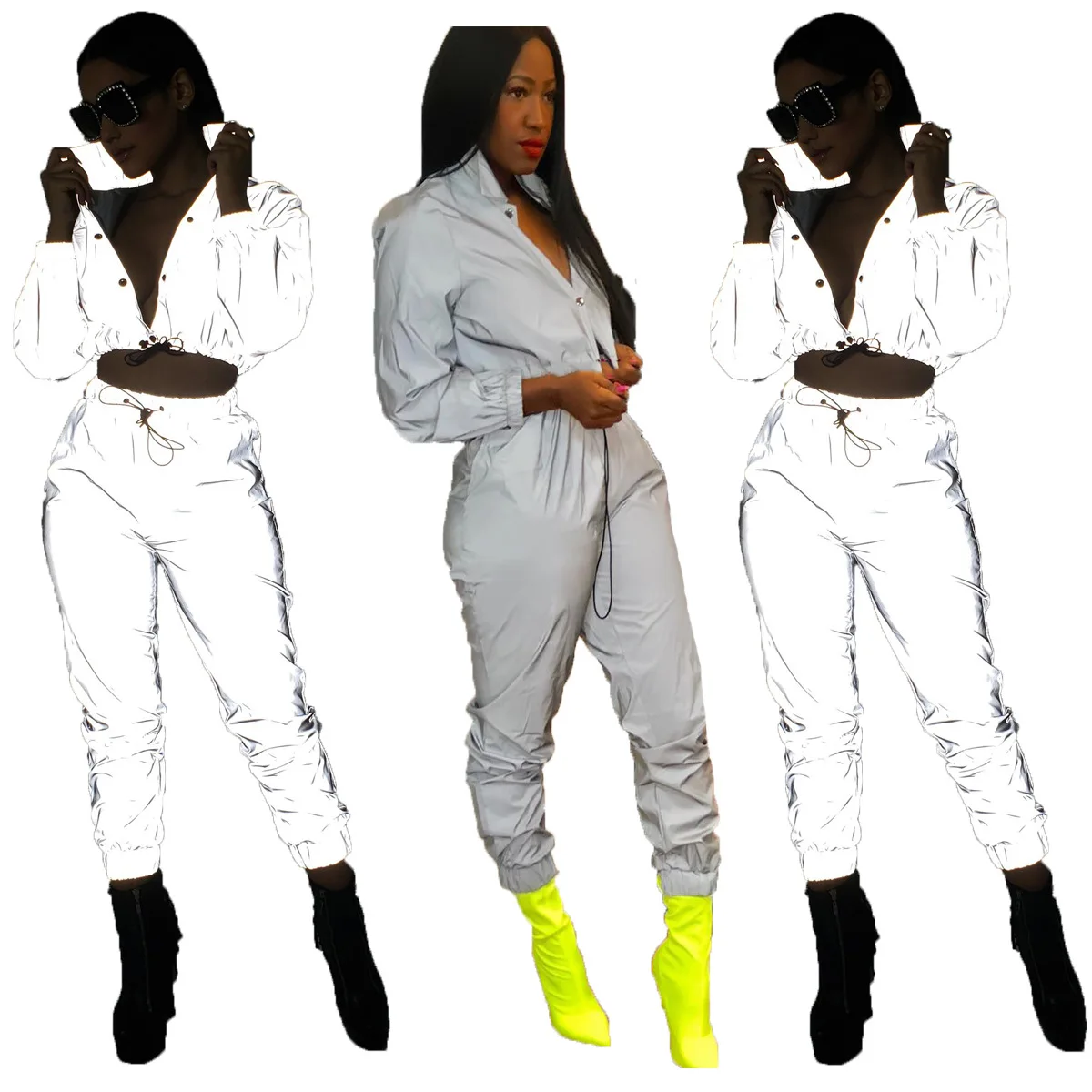 Women Sexy Reflective Tracksuit Night Version Buttons Turn Down Collar Long Sleeve Crop Top+ Casual Pants Two Piece Set