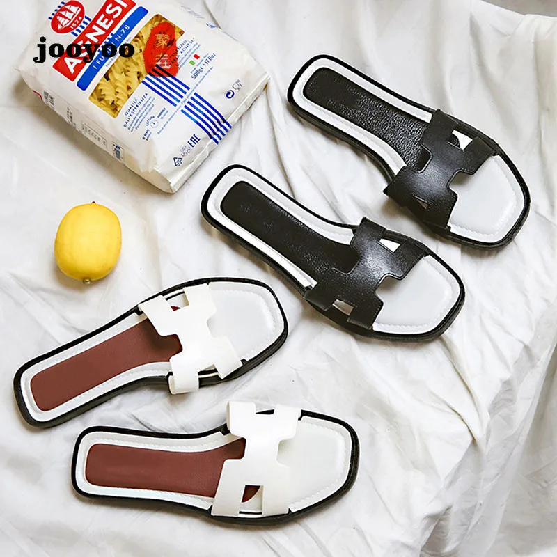 

Black White Summer Chic Women H Sandals Slipper Indoor Outdoor Casual Beach Flip-flops Flat Heel Strap Slippers Chanclas Mujer