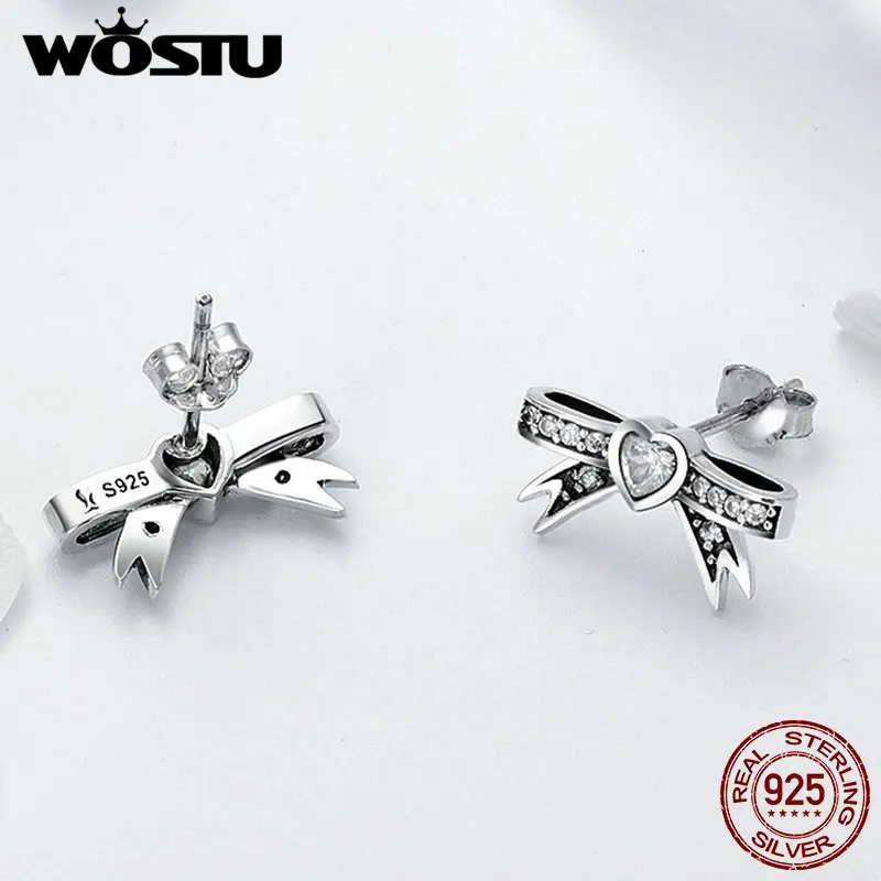 WOSTU, настоящее 925 пробы, серебряные сверкающие серьги-гвоздики с бантом в форме сердца для женщин, модные брендовые дизайнерские серебряные ювелирные изделия FIE401
