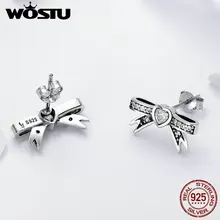 WOSTU, настоящее 925 пробы, серебряные сверкающие серьги-гвоздики с бантом в форме сердца для женщин, модные брендовые дизайнерские серебряные ювелирные изделия FIE401